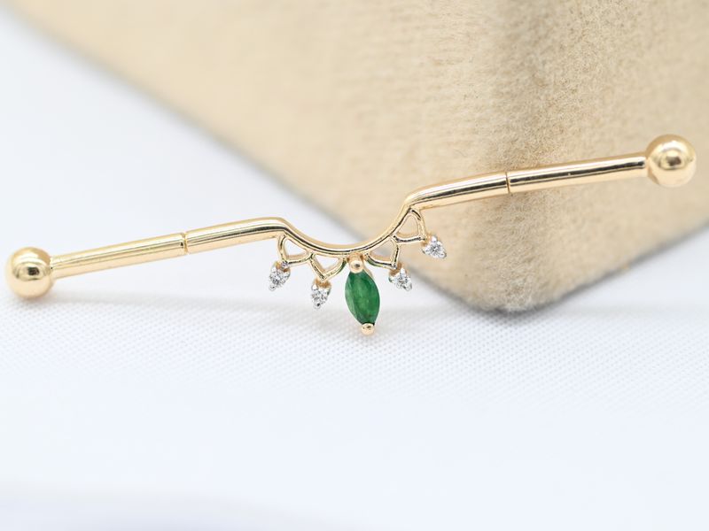 Industrial Barbell with Emerald Dangle, Diamond Accent Scaffold Earring,