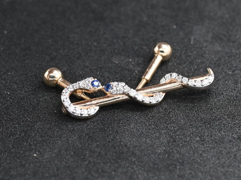 Gold Snake Industrial Barbell, Diamond & Blue Sapphire Serpent Earring,
