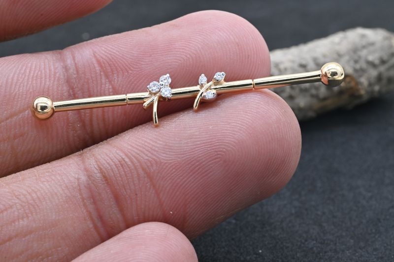 Gold Floral Industrial Barbell, Natural Diamond Flower Scaffold Earring,