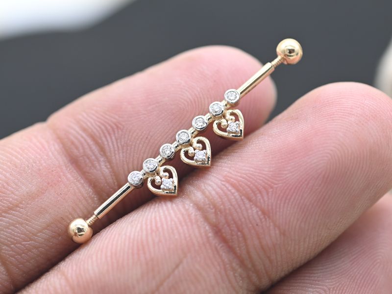 Triple Heart Industrial Barbell, Natural Diamond Heart Scaffold Earring,
