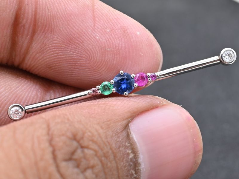 Genuine Rainbow Sapphire & Diamond Industrial Piercing in 18K Solid Gold, Multi-Stone Scaffold Barbell