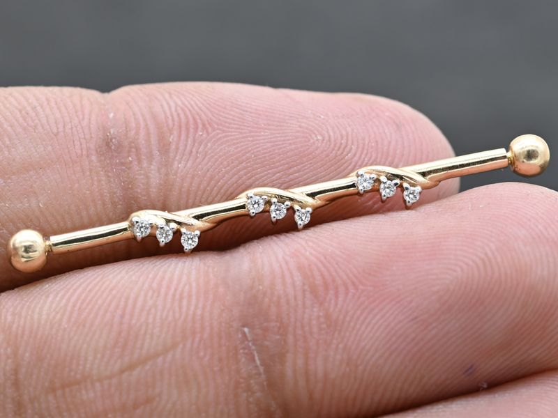 Twisted Diamond Branch Industrial Piercing in Solid Gold, Elegant Vine Scaffold Barbell,