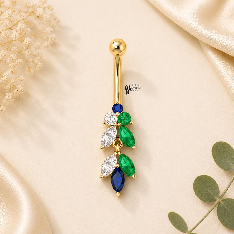 Lab Diamond Emerald & Blue Sapphire Belly Ring, Marquise Cut Botanical Dangle Navel Piercing,