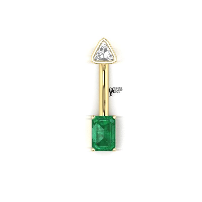 Emerald & Lab Diamond Belly Ring, Emerald Cut Green Gemstone Navel Barbell, Trillion Cut Diamond Piercing Jewelry