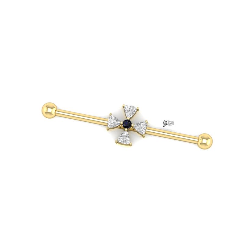 Lab Diamond & Blue Sapphire Industrial Barbell, Trillion Cut Floral Ear Piercing,