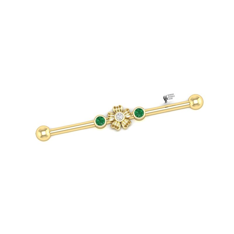 Gold Emerald and Lab Diamond Industrial Barbell, Flower Scaffold Piercing