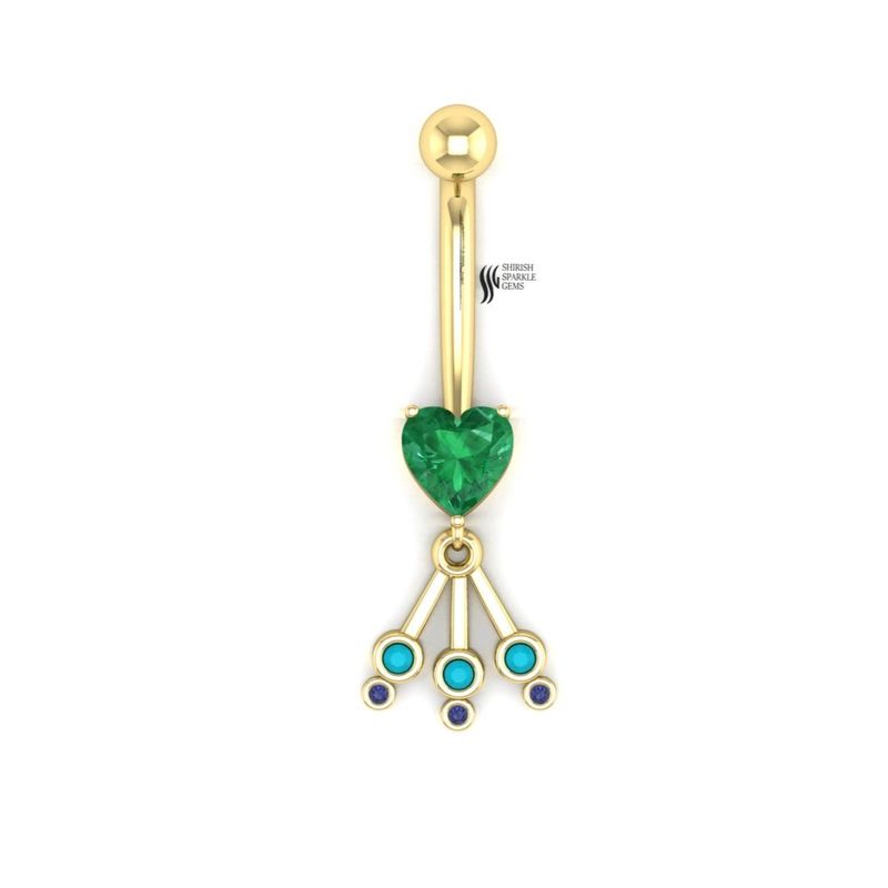 Gold Heart Cut Emerald Belly Button Ring - Turquoise & Lab Diamond Dangle Navel Ring