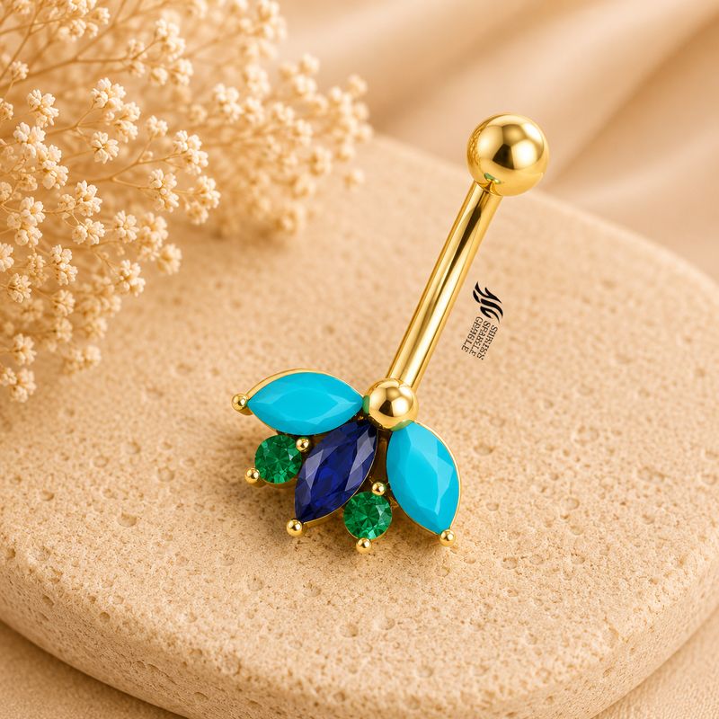 Turquoise Sapphire Emerald Belly Ring 14k 18k Lotus Fan Navel Piercing Marquise Gemstone Belly Button Ring