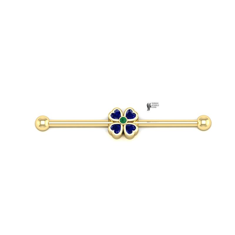 Gold Four Leaf Clover Industrial Barbell, Heart Cut Blue Sapphire and Emerald Ear Piercing,