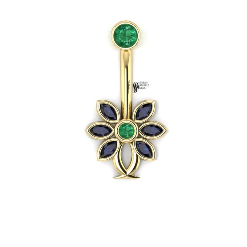 Gold Flower Belly Button Ring Real Blue Sapphire & Emerald Navel Piercing,