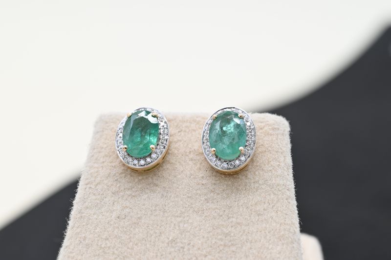 Gold Oval Emerald Halo Earrings, Genuine Diamond Accent Studs