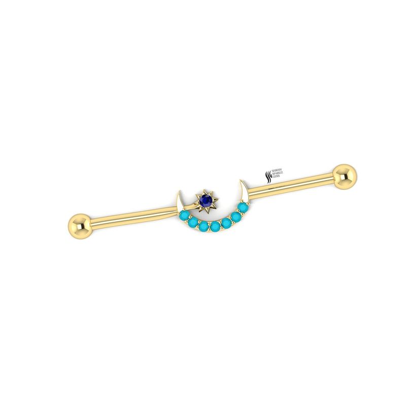 Belly Button Ring Real Blue Sapphire & Turquoise Navel Piercing, Solid Gold Curved Barbell,
