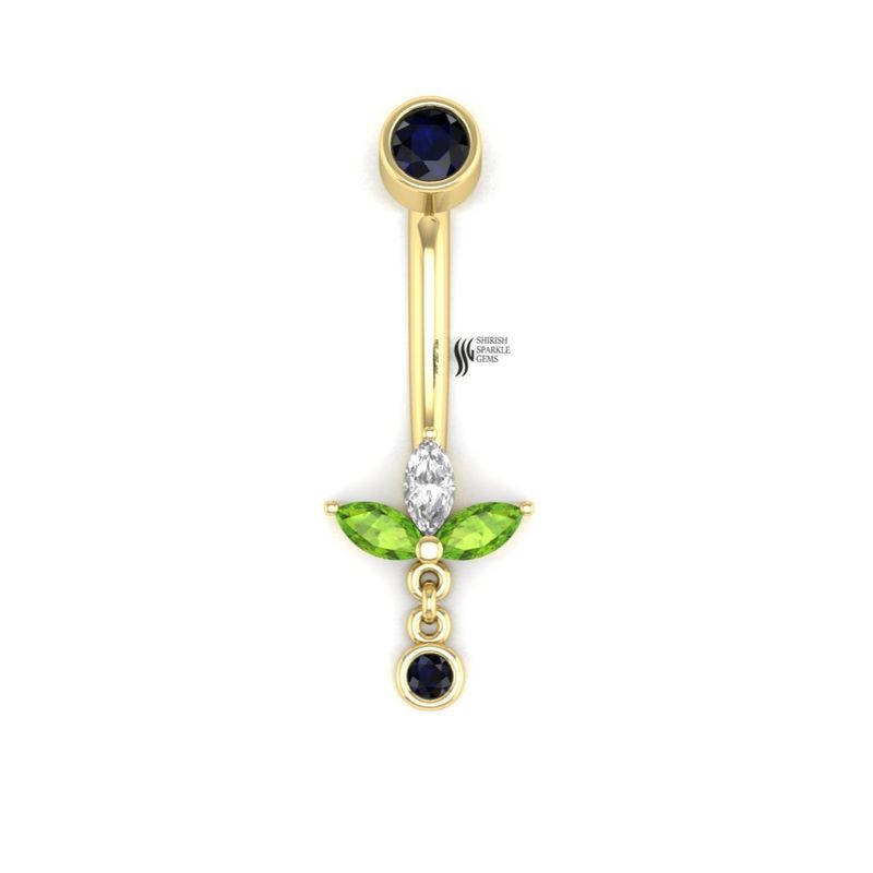 Gold Belly Button Ring, Natural Peridot Blue Sapphire Navel Piercing, Marquise Diamond Floral Dangle Belly Ring