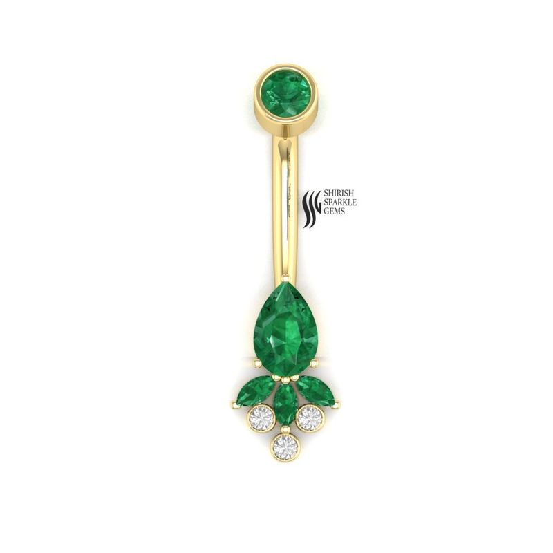 Emerald Belly Button Ring, Pear Cut Genuine Emerald Navel Piercing, Lab Diamond Lotus Cluster Belly Ring,