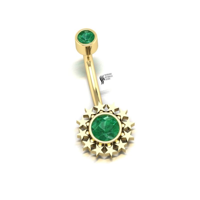 Gold Emerald Belly Button Ring, Celestial Star Halo Navel Piercing, Round Cut Natural Emerald Curved Barbell