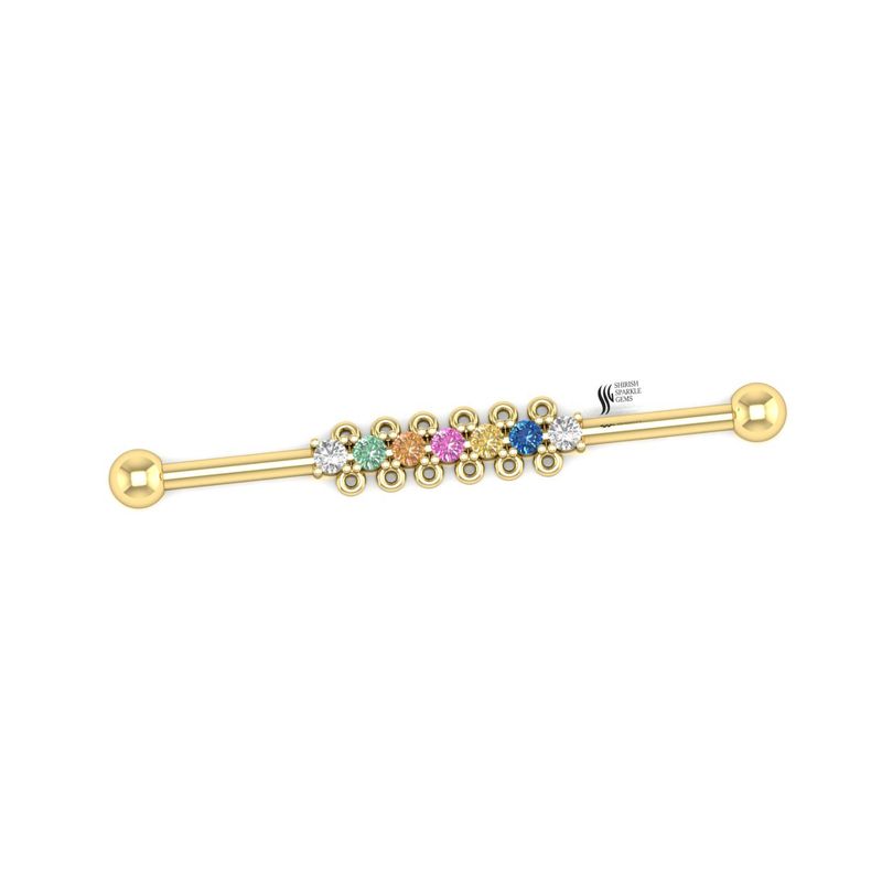 Gold Rainbow Industrial Barbell, Multi Stone Cluster Scaffold Earring