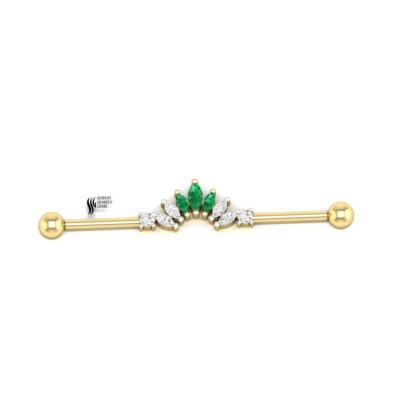 Gold Emerald Industrial Barbell | Lab Grown Diamond Marquise Cartilage Piercing
