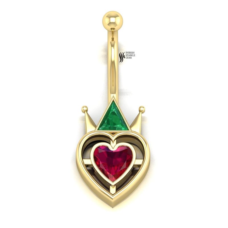 Gold Emerald Ruby Belly Button Ring | Cute Heart Crown Anime Navel Piercing