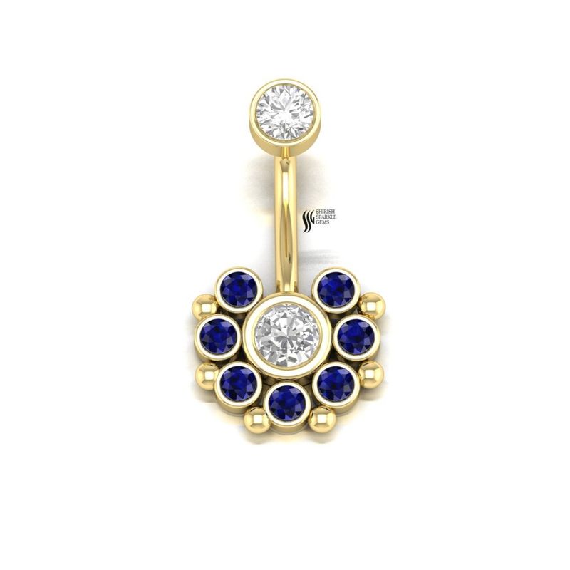 Blue Sapphire Belly Button Ring | Lab Grown Diamond Halo Navel Piercing