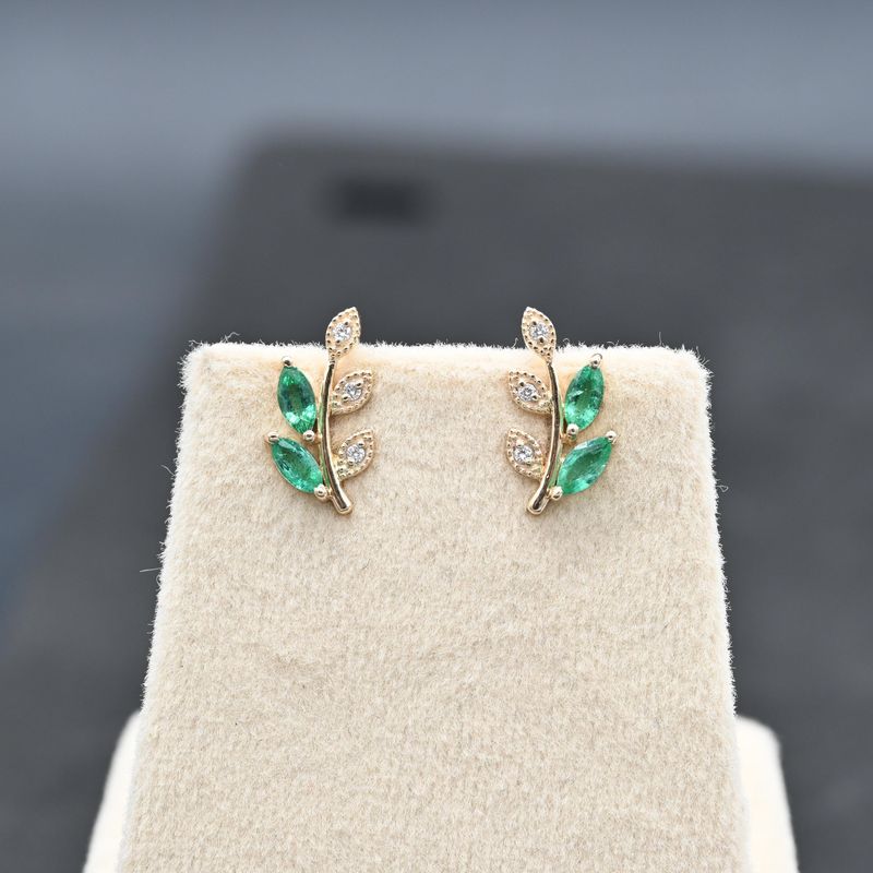 Natural Emerald Leaf Stud Earrings in 14K Gold with Diamond Accents