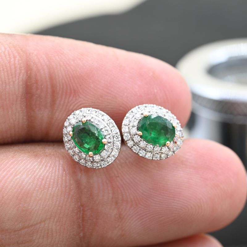 Natural Emerald Diamond Halo Stud Earrings in 14K Solid Gold