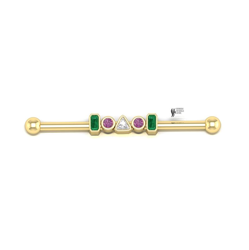 Emerald Industrial Barbell, Lab Diamond & Pink Sapphire Ear Piercing