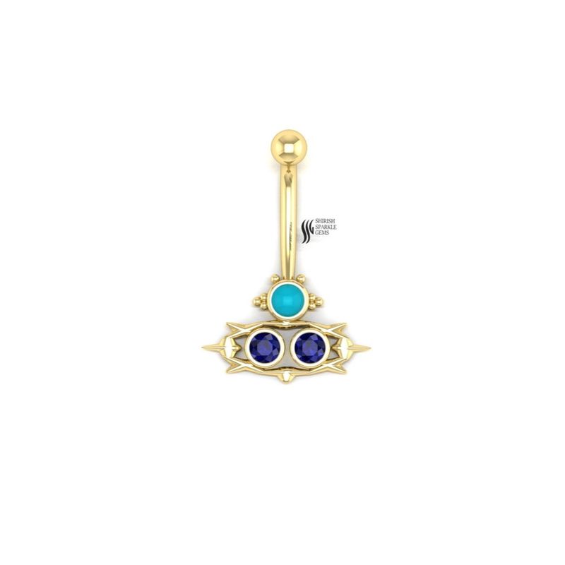 Blue Sapphire Turquoise Belly Button Ring, 14K Solid Gold Navel Piercing