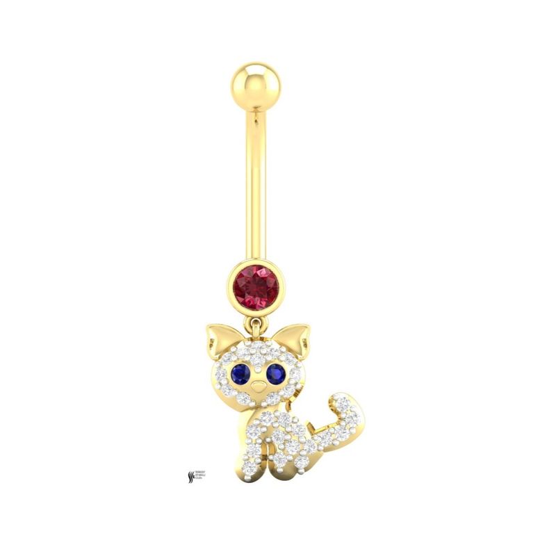 Ruby Cat Belly Button Ring, 14K Solid Gold Lab Diamond Navel Piercing