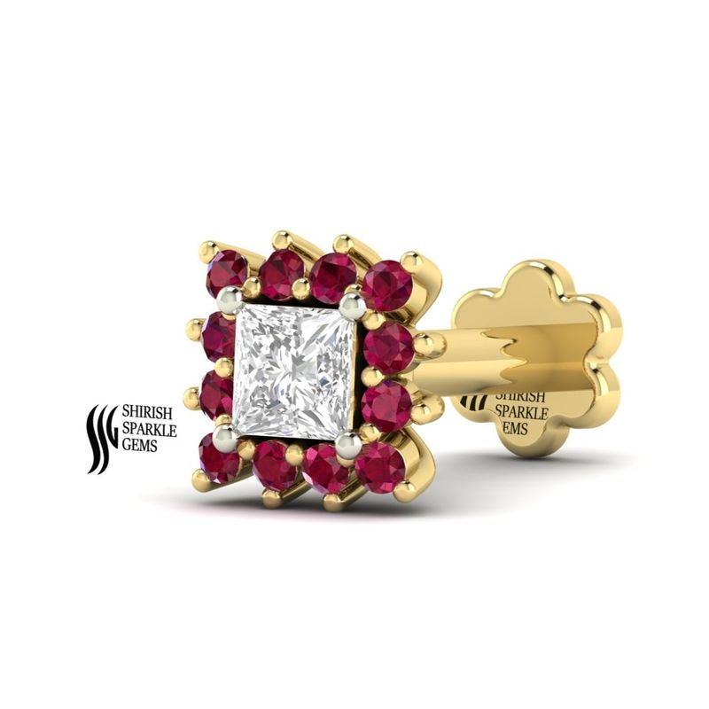 Princess Cut Diamond & Ruby Halo Nose Stud