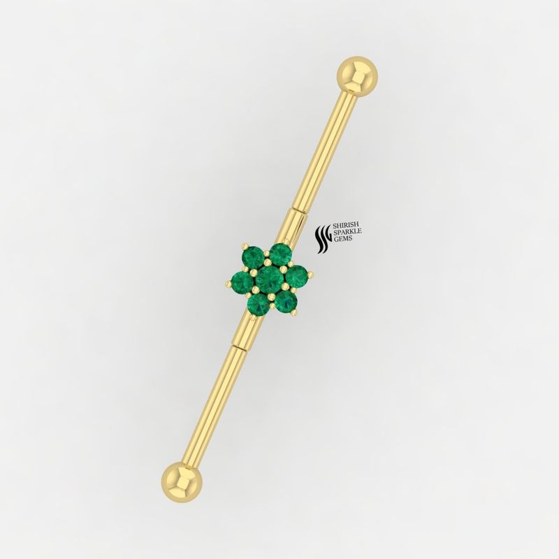 Gold Emerald Flower Industrial Barbell, Green Emerald Cluster Cartilage Piercing, Luxury Floral Ear Bar Jewelry Gift