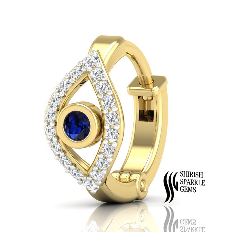 Solid Gold Blue Sapphire & Diamond Evil Eye Hoop Nose Ring â Round Cut Sapphire Designer Hinged Nose Piercing Jewelry