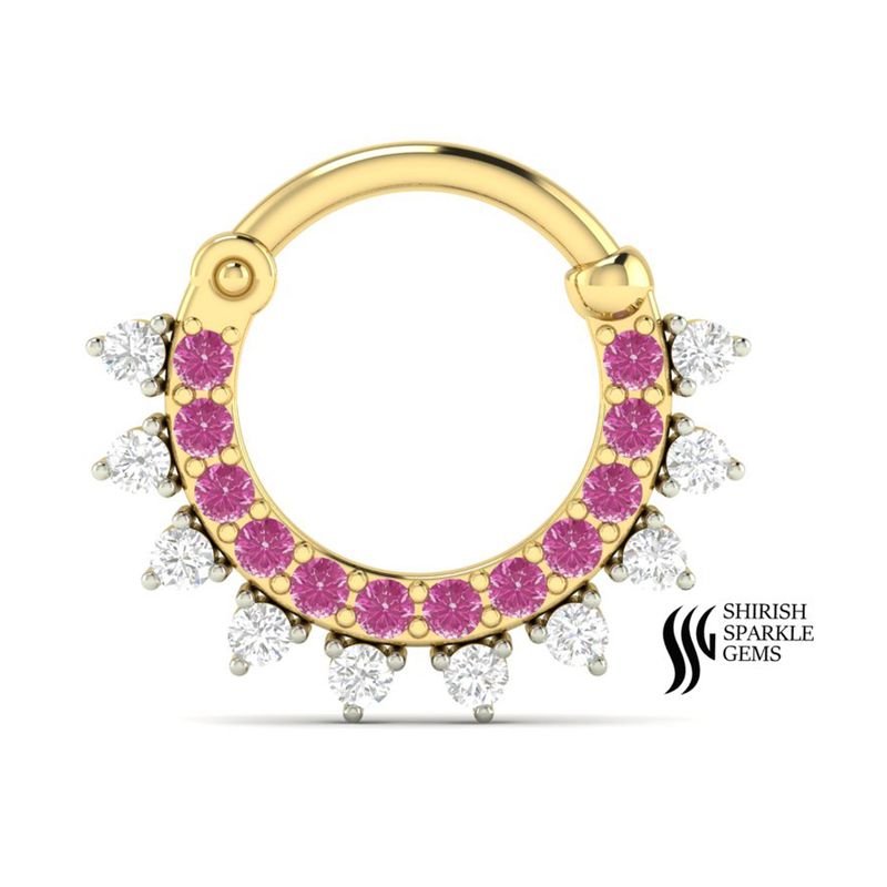 Solid Gold Pink Sapphire and Diamond Designer Hoop Nose Ring â Round Cut Gemstone Statement Nose Piercing Jewelry