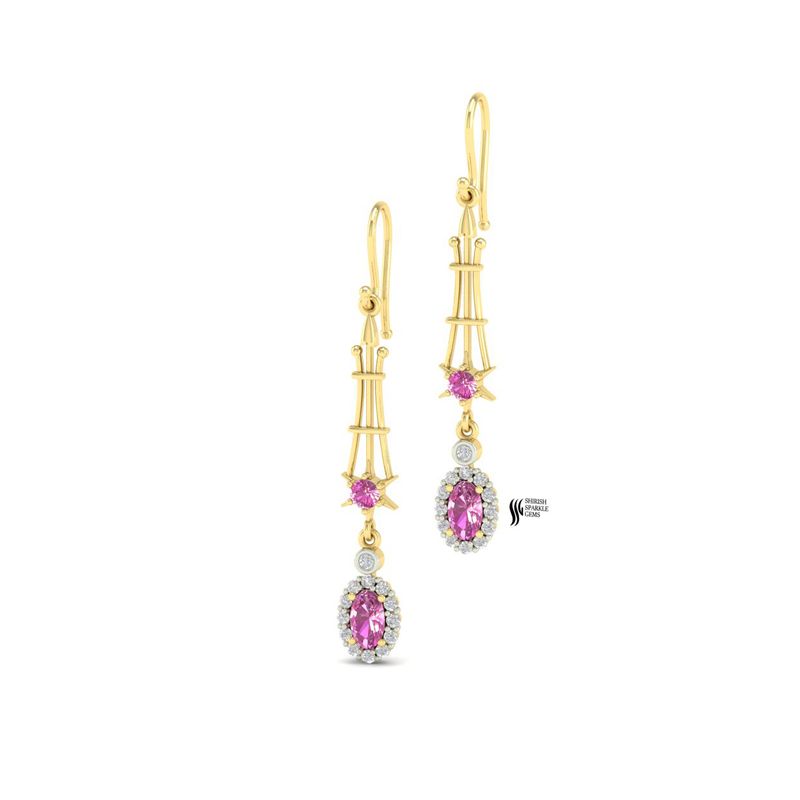 Gold Pink Sapphire & Diamond Dangle Earrings | Vintage Halo Drop Earrings | Elegant Floral Bar Design | Luxury Gift for He
