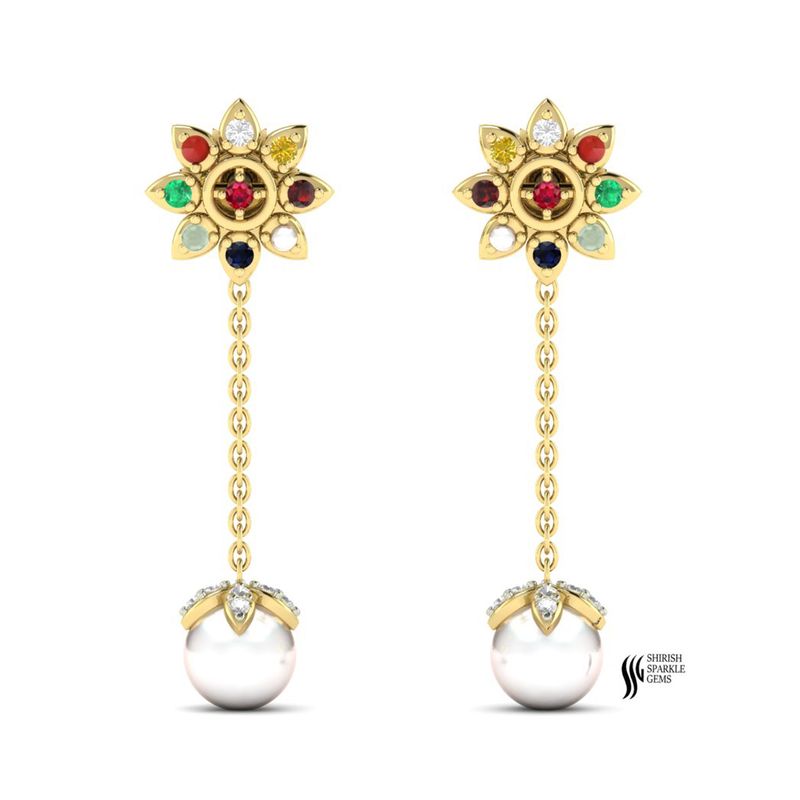 Solid Gold Multi-Gemstone Pearl Drop Earrings â Floral Navratna Style Fine Jewelry