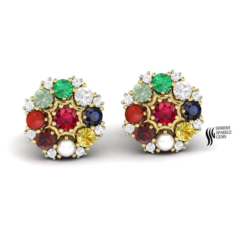 Gold Navratna Gemstone Stud Earrings â Floral Cluster Fine Jewelry