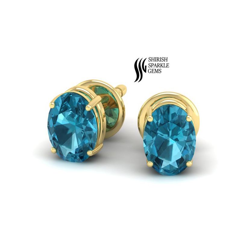 Gold Blue Topaz Stud Earrings, Oval Blue Stone Studs, December Birthstone Earrings, Minimal Gold Studs