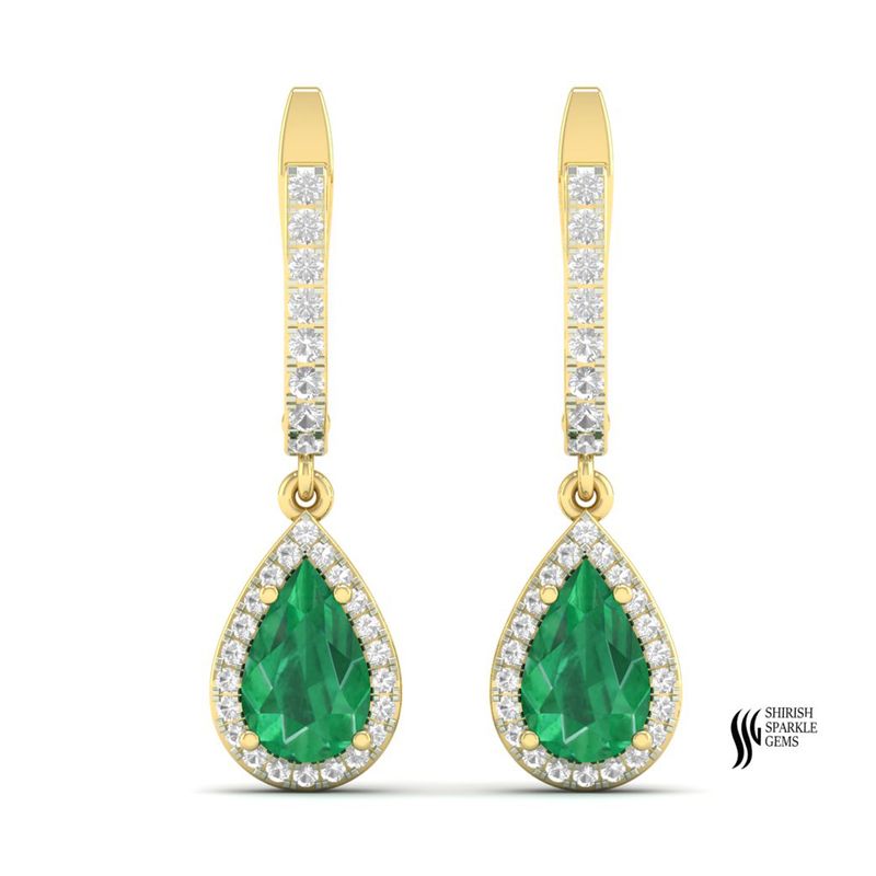 Gold Emerald Drop Earrings with Diamond Halo | Pear Shape Gemstone Dangle | Luxury Gift for Her