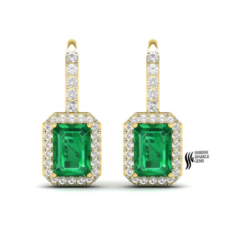 Emerald Halo Drop Earrings with Diamond Accent | Emerald Cut Gemstone Dangle Earrings | Luxury Gold Statement Earrings