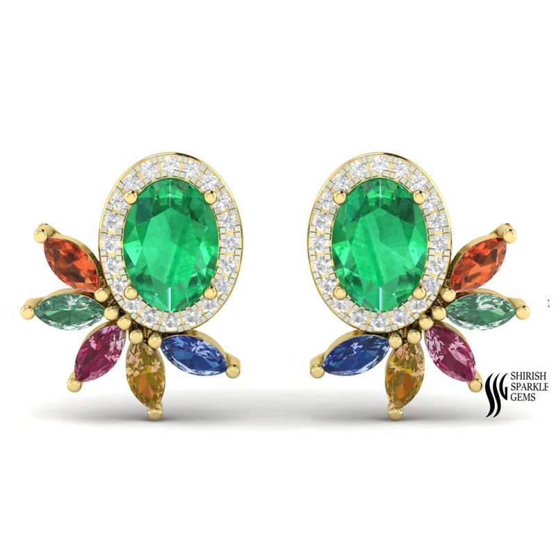Emerald Halo Stud Earrings with Multicolor Gemstone Petals | Diamond Emerald Flower Stud Earrings | Luxury Gold Statement Earrings | Gift for He