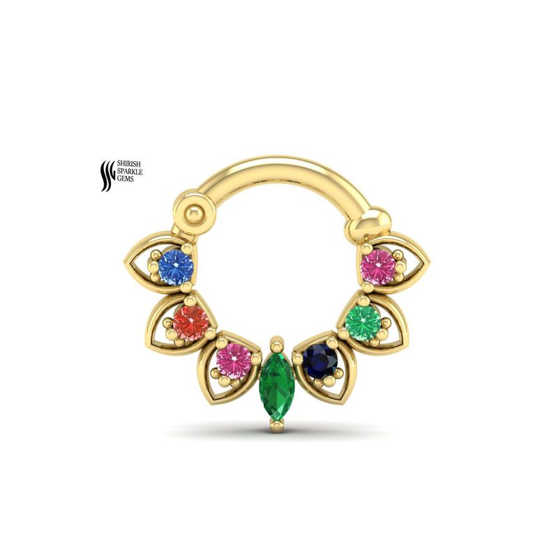 Multi Gemstone Septum Ring | Emerald Drop Nose Ring | Colorful Gold Clicker Hoop