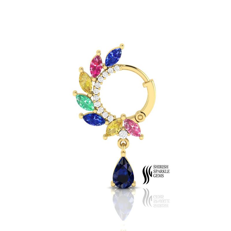 Multi Gem Septum Ring with Blue Sapphire Dangle | Luxury Nose Piercing Jewelry