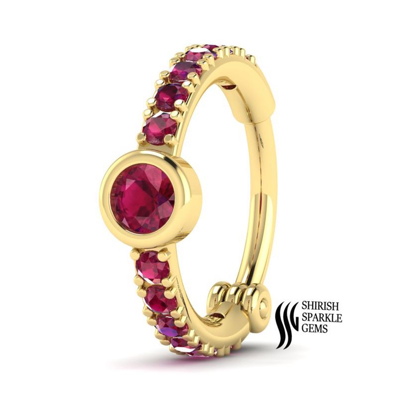 Solid Gold Ruby Hoop Nose Ring â Round Cut Ruby Bezel & Prong Set Designer Nose Piercing Jewelry