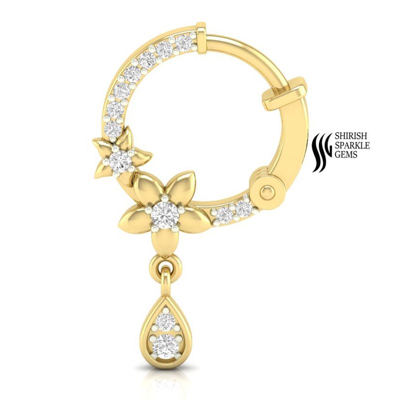 Solid Gold Diamond Floral Drop Hoop Nose Ring â Round Cut Diamond Hinged Designer Nose Piercing Jewelry