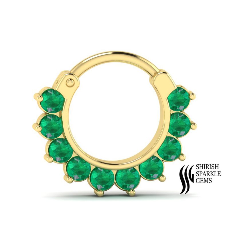 Solid Gold Emerald Hoop Nose Ring â Round Cut Emerald Hinged Designer Nose Piercing Jewelry