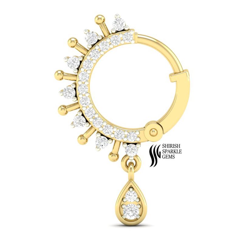 Solid Gold Diamond Crown Hoop Nose Ring with Teardrop Dangle â Round Cut Designer Nose Piercing Jewelry