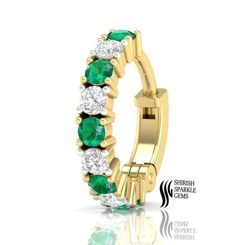 Solid Gold Emerald and Diamond Hoop Nose Ring â Alternating Round Cut Gemstone Designer Piercing Jewelry