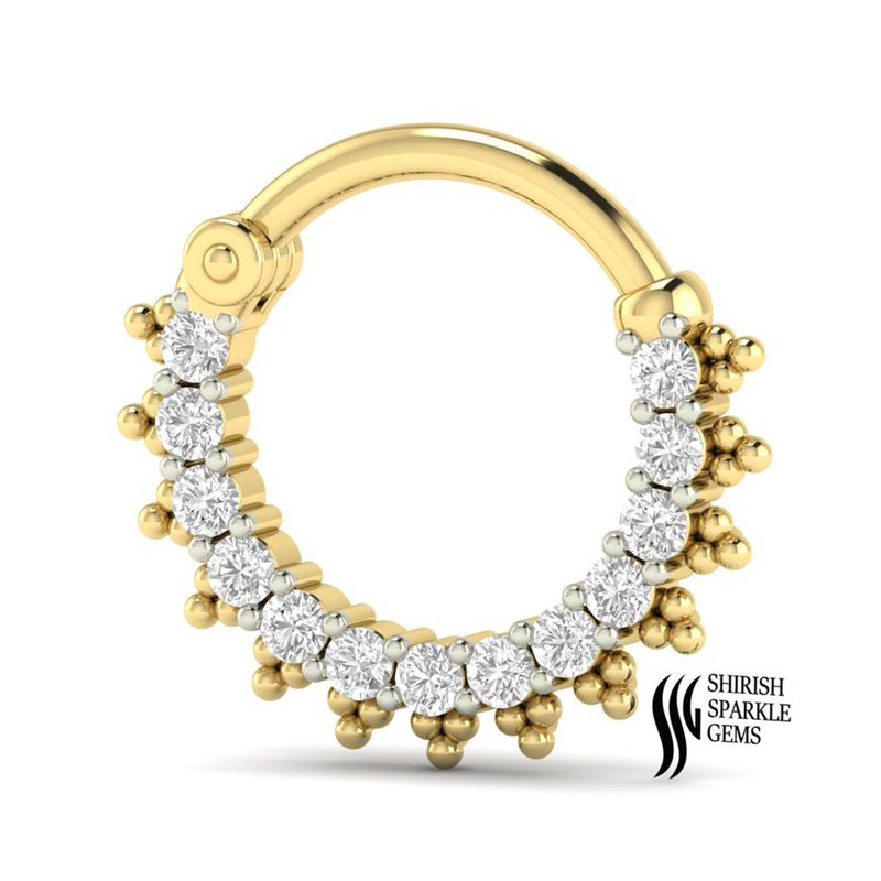 Solid Gold Diamond Beaded Hoop Nose Ring â Round Cut Diamond Designer Hinged Nose Piercing Jewelry