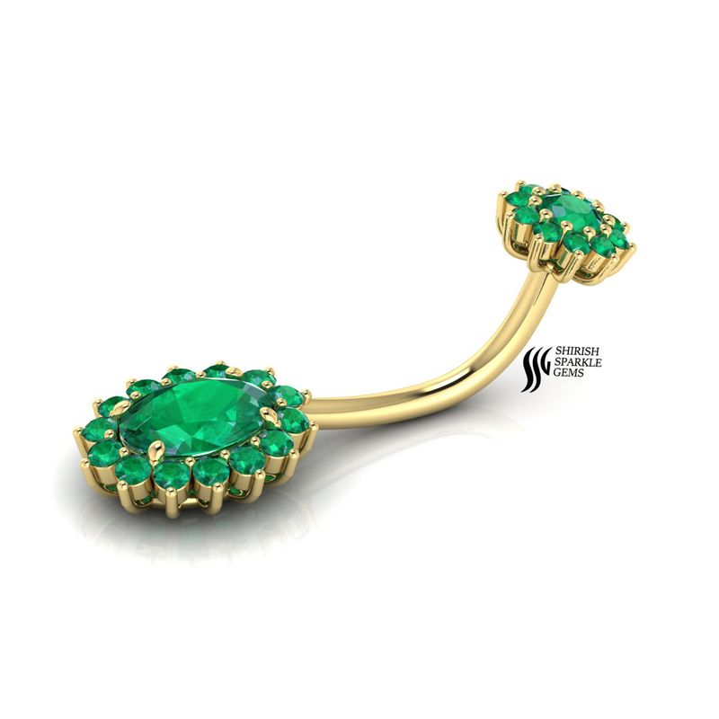 Enchanted Garden: Solid Gold Natural Emerald Double Halo Belly Button Ring