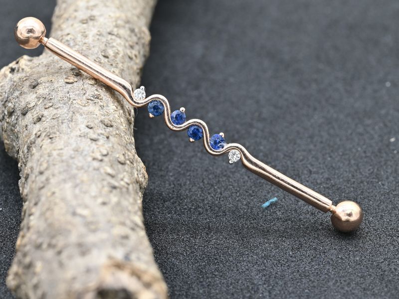Ocean Flow: Solid Gold Blue Sapphire & Natural Diamond Wavy Industrial Bar