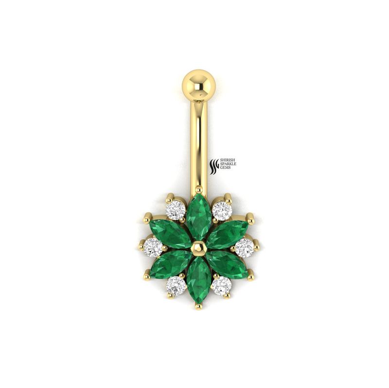 Fine Jewelry Solid Gold Emerald Diamond Belly Button Ring Anniversary Gift